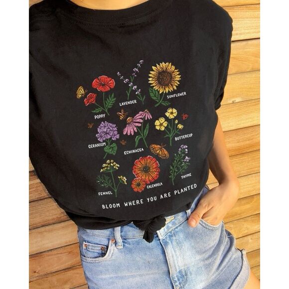 No Brand Tops - Bloom Where You are Planted Graphic Tee Women’s Basic Floral T-shirt Tee Small S